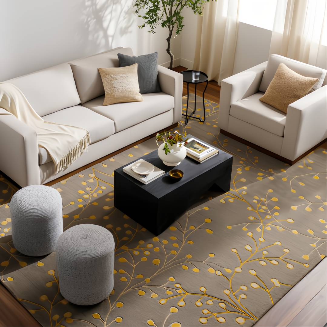 Black brushed acacia wood coffee table with a rectangular design in a modern living room.