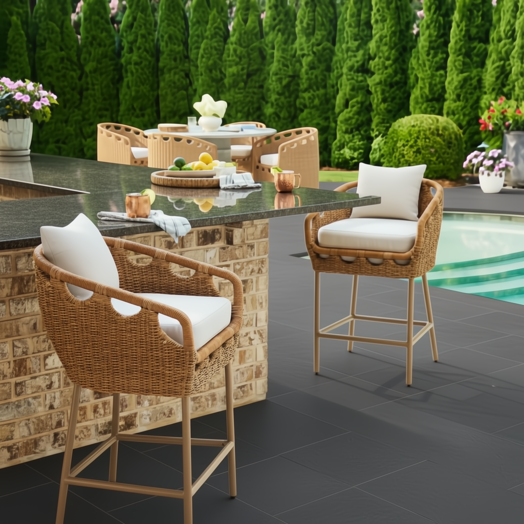 Two Surya Marvella outdoor bar stools with woven beige seats, white cushions, and dark brown bases by a pool.