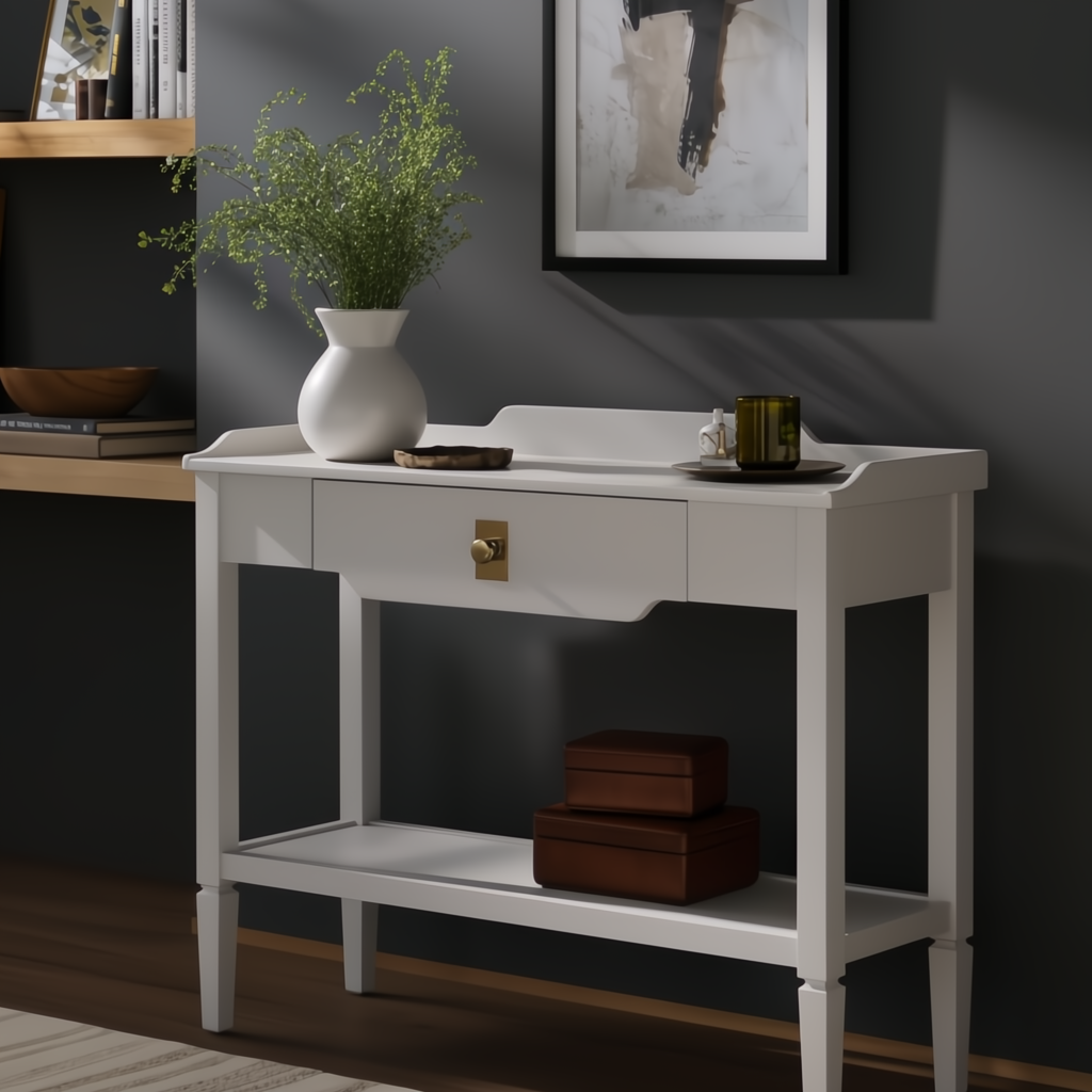 White Surya Doheny console table with a soft-close drawer, gallery top, and shallow tray shelf.
