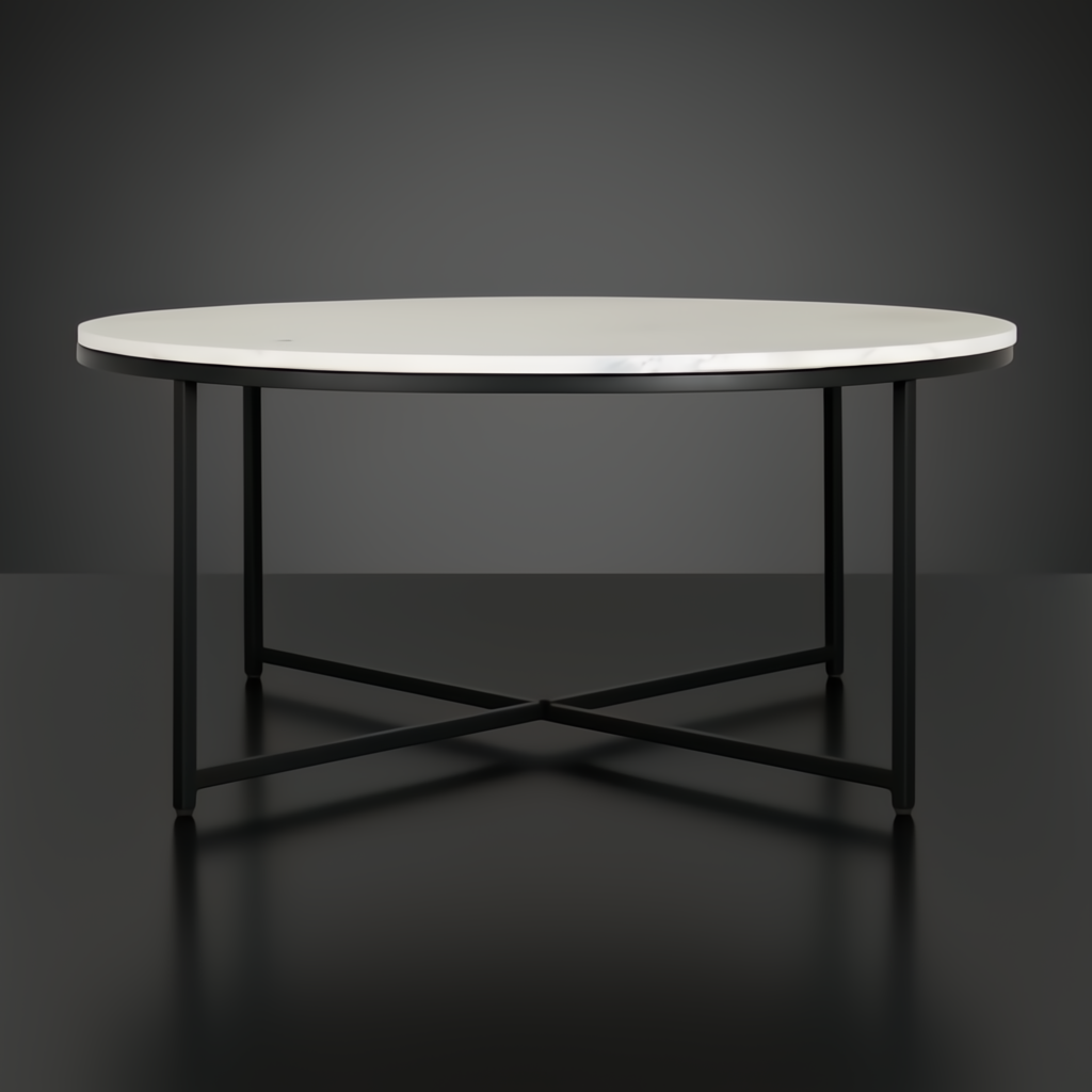 Surya Anastasia round coffee table with white natural marble top and black matte iron base.