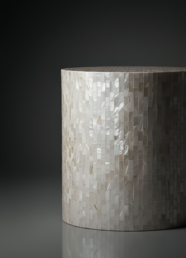 Surya Iridescent End Table, a round accent table with ivory and gray shell finish.
