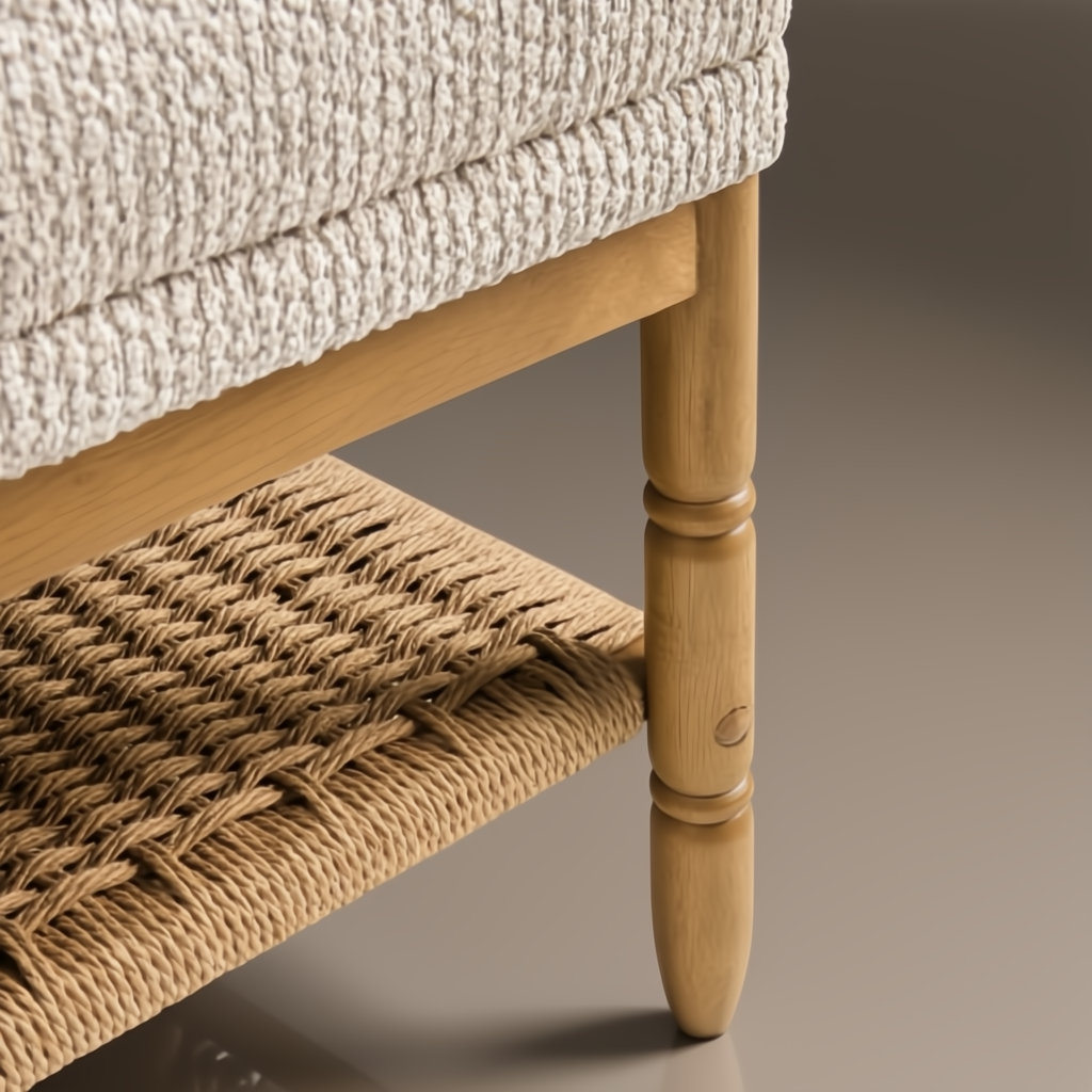 Surya Landi Bench: light beige upholstered top, natural rubber wood frame, and woven brown rope shelf.