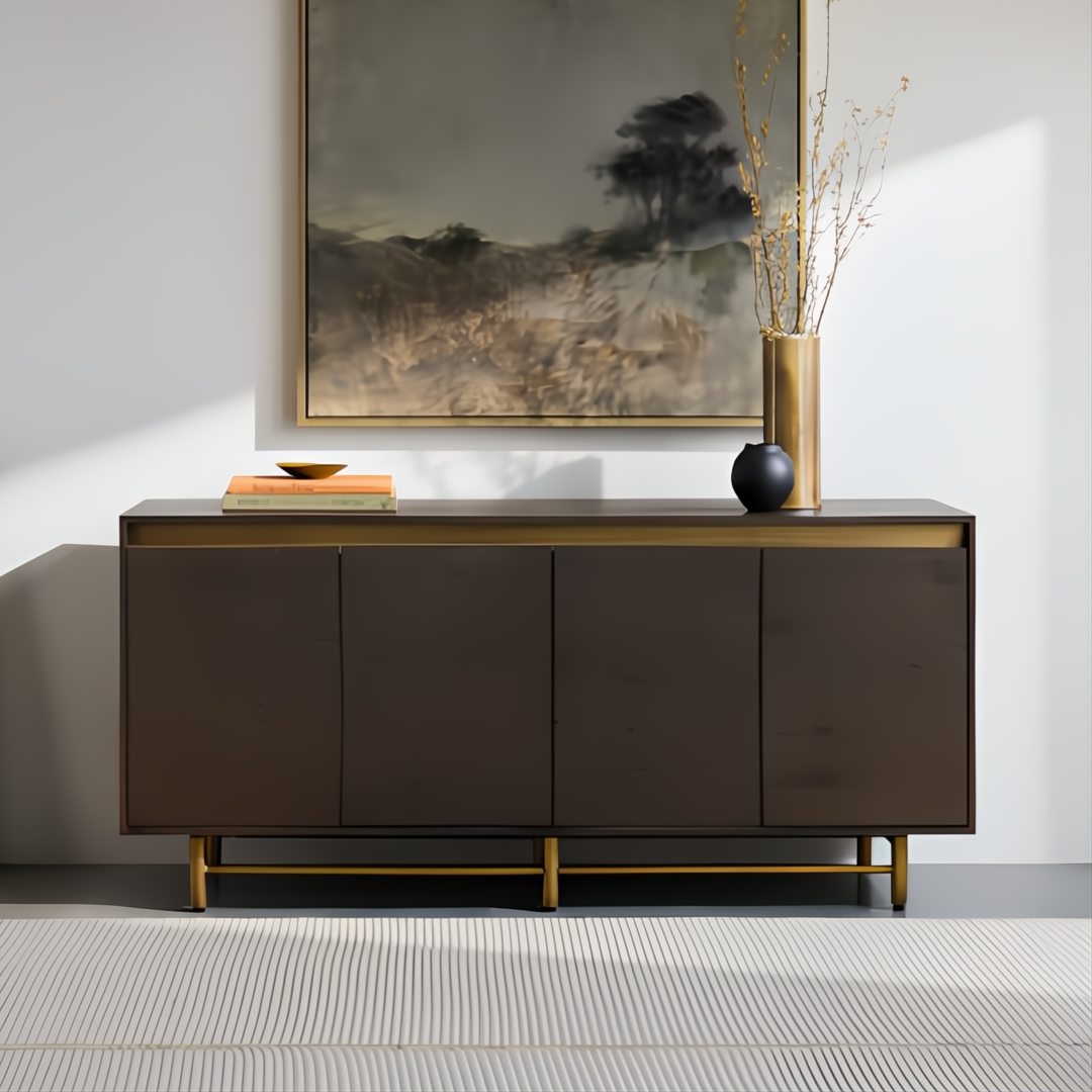 Scandinavian modern sideboard with brown oak veneer top, metallic brass frame, and four soft-close doors.