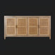 Modern brown and tan mango wood sideboard with four rattan-paneled doors and brass handles.
