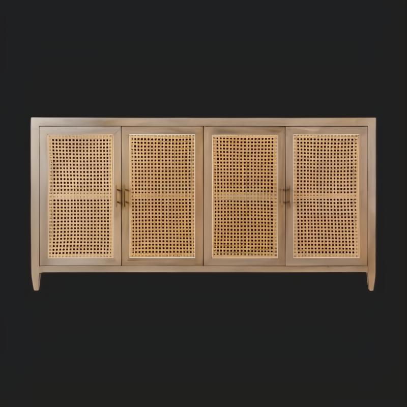 Modern brown and tan mango wood sideboard with four rattan-paneled doors and brass handles.