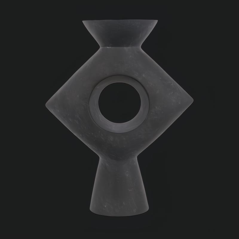 Surya Yagya YAG-008 black brushed matte ceramic vase with sculptural, modern form and central circular cutout.