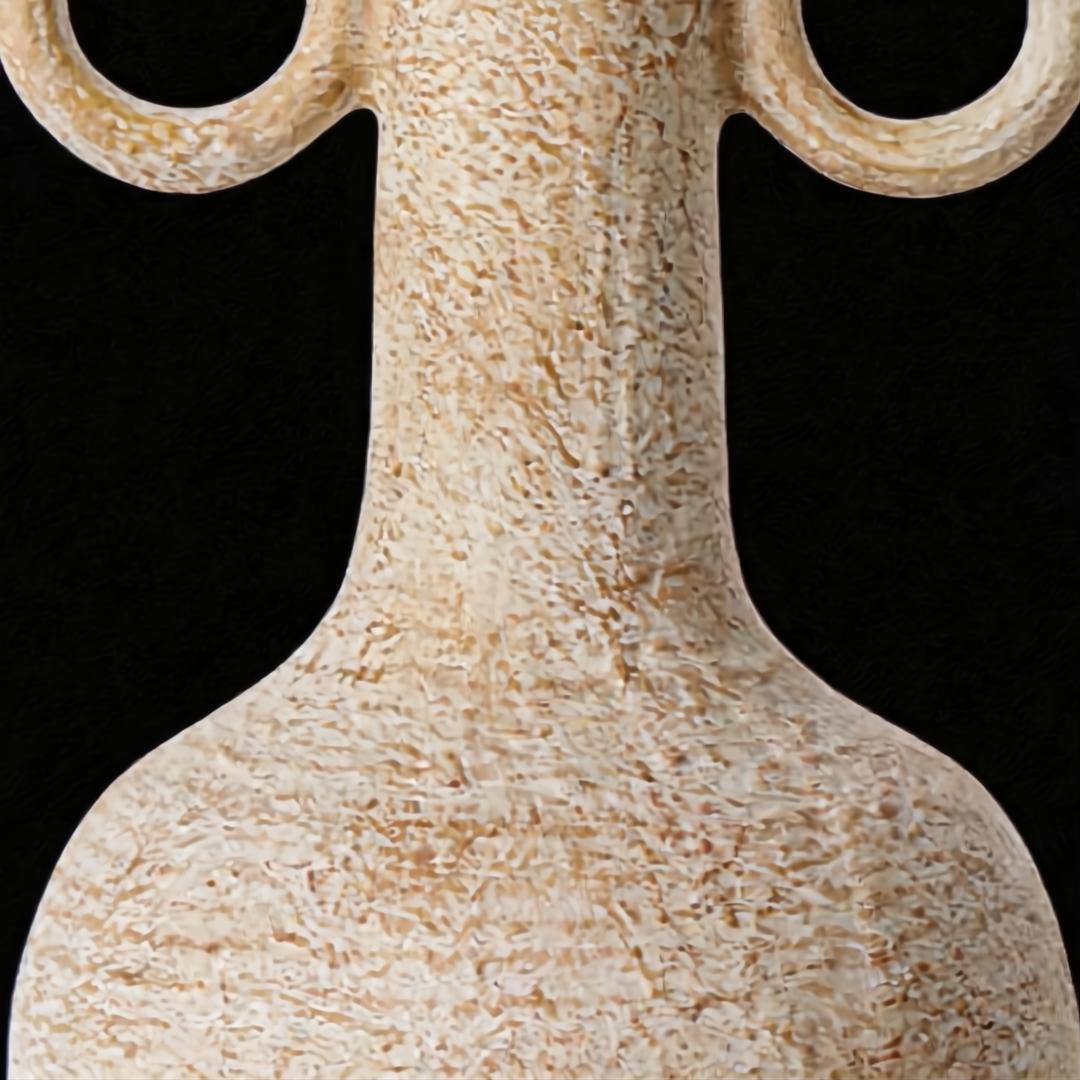 Textured beige ceramic vase with two loop handles against a black background.