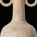 Textured beige ceramic vase with two loop handles against a black background.