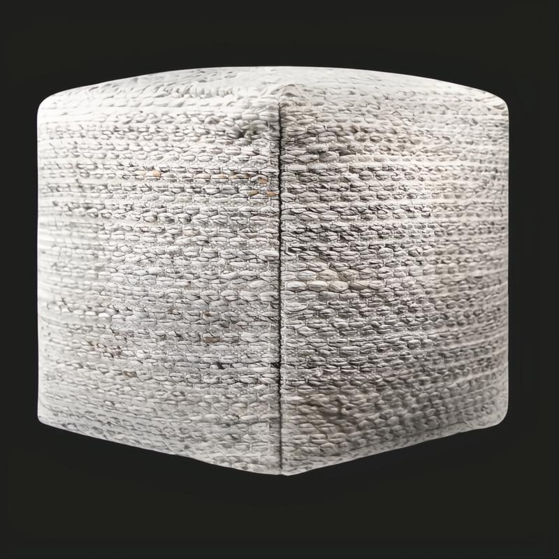 Modern woven light gray cube pouf made from recycled PET yarn with a knife-edge finish.