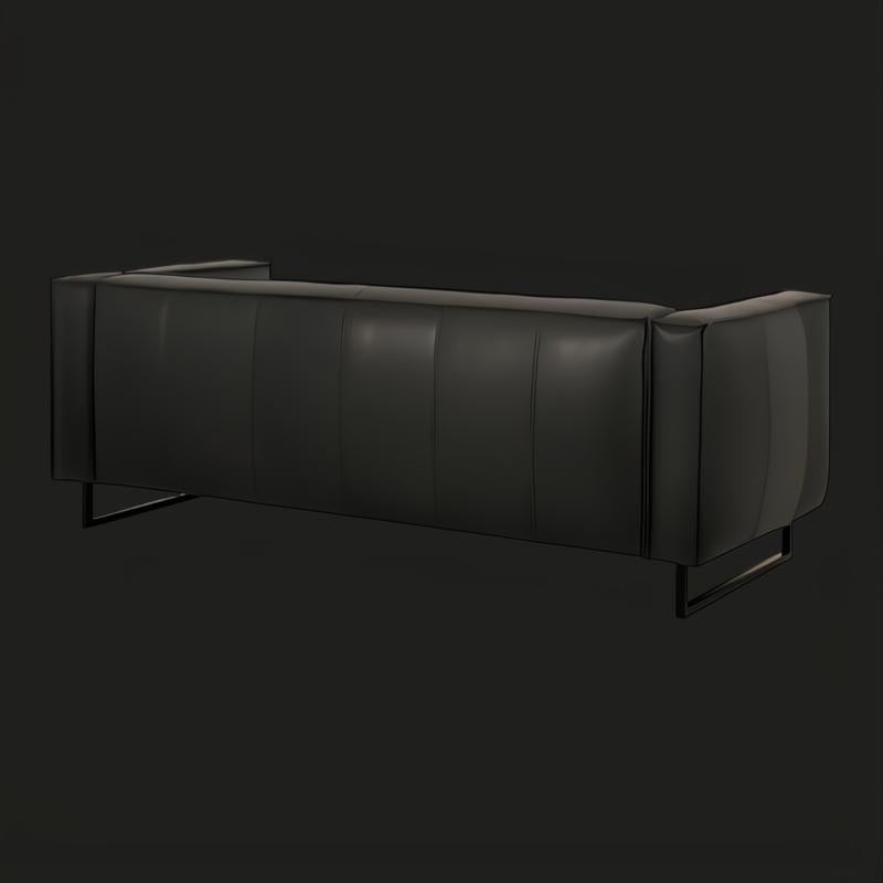 Surya Dylan sofa, charcoal top-grain leather with vertical stitching and a black painted iron base.