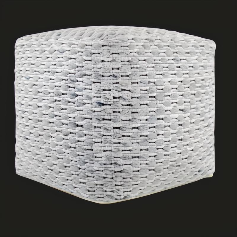 Light gray Surya Lanier cube pouf with a woven wool top and stitched detailing.