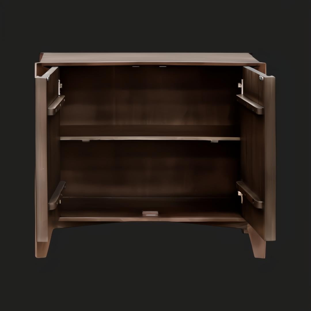 Surya Ronan RNO-003 brown lacquered mango wood cabinet with open soft-close doors and an adjustable shelf.