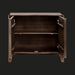 Surya Ronan RNO-003 brown lacquered mango wood cabinet with open soft-close doors and an adjustable shelf.
