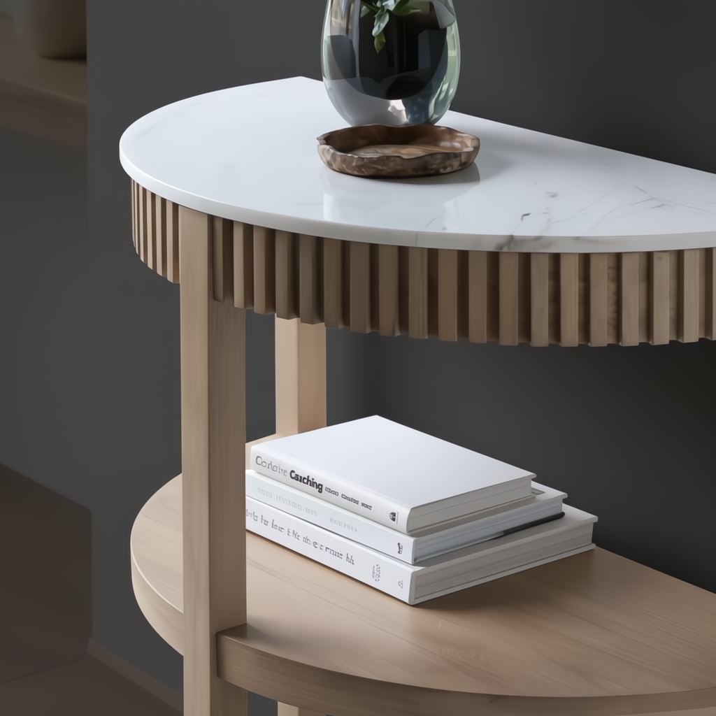 Surya Rosemary console table with white marble top, fluted mango wood trim, and lower wood shelf.