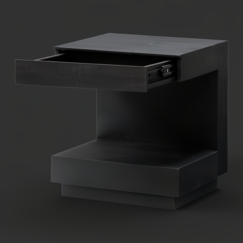 Surya Coburn black mango wood end table with a minimalist modern design and open drawer.