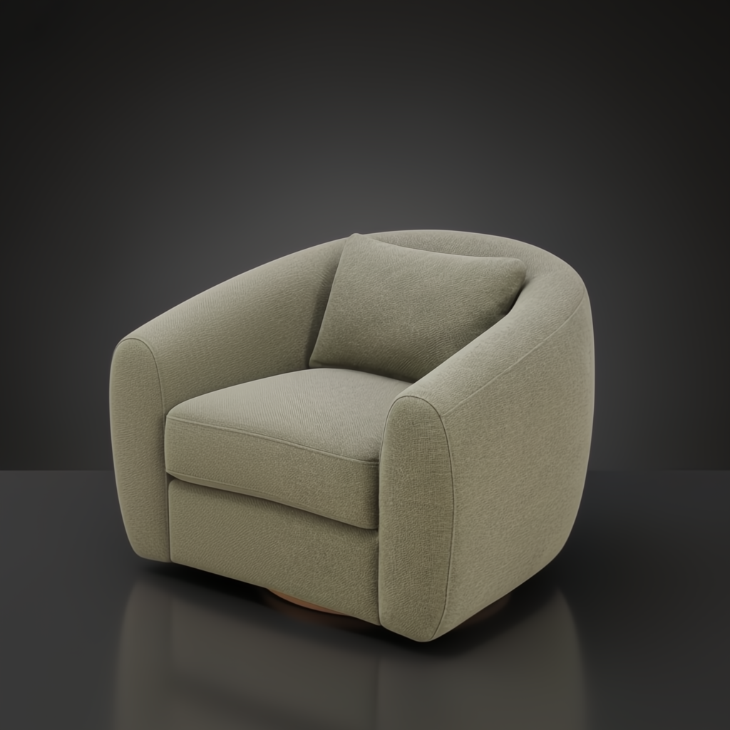 Surya Loma grass green upholstered swivel chair with a brown ash wood base and included pillow.