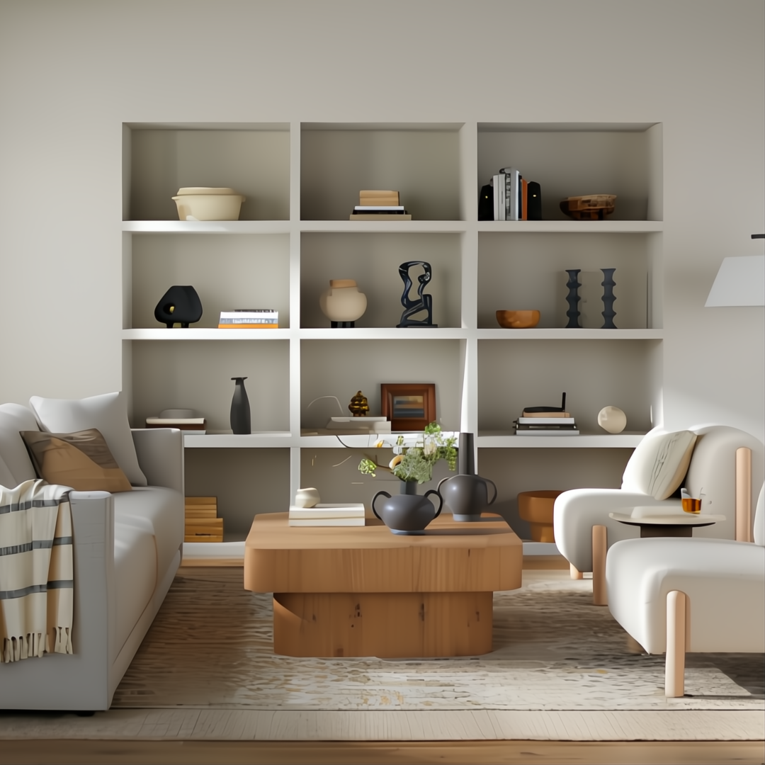Surya Arquette 40" x 40" square coffee table in natural wood veneer, centered in a modern living room.