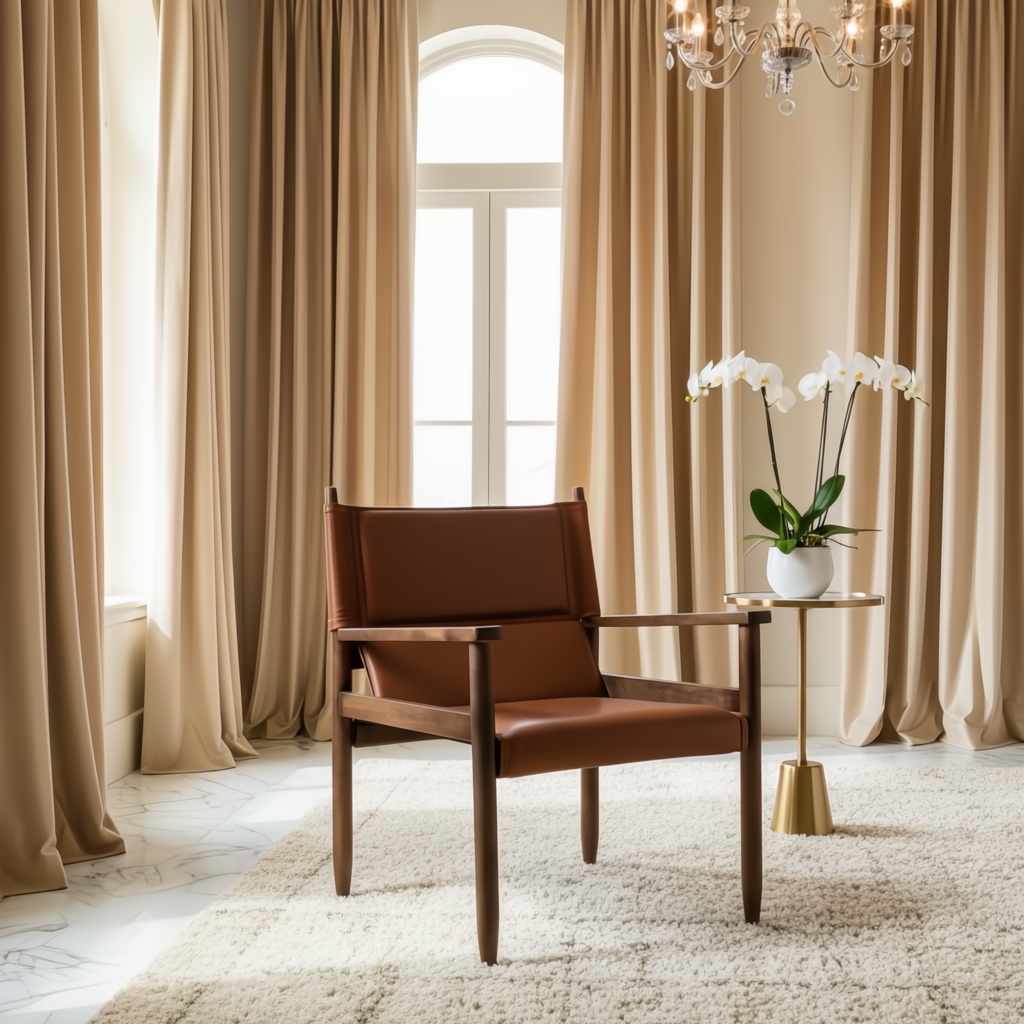Modern Surya Chole accent chair with brown leather top and mango wood base in a styled room.