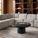 Light beige modular sofa with tufted cushions in a modern living room.