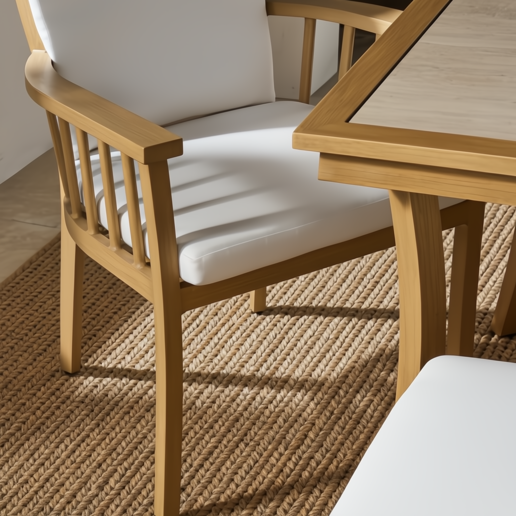 Surya Cape Town outdoor dining chair with white Sunbrella cushions and wheat hand-painted aluminum base.