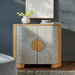 Surya Poros Cabinet: Silver gray lacquered cork veneer top, brown natural oak base, round wood handle.