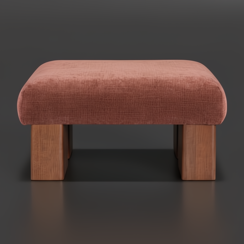Surya Mirava Ottoman, a large 36" wide, upholstered terracotta polyester ottoman with two wooden block legs.