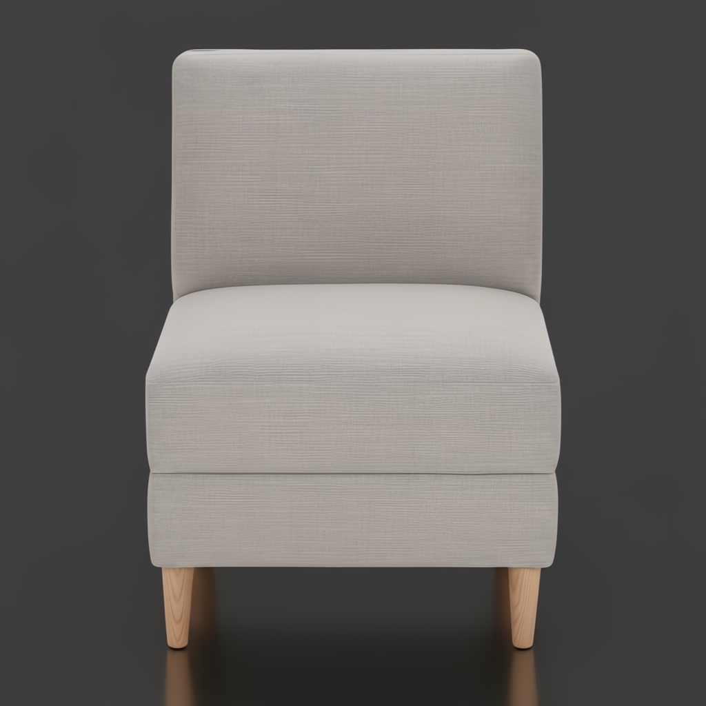 Light gray upholstered banquette chair with natural ash wood base and side cut-out detail.