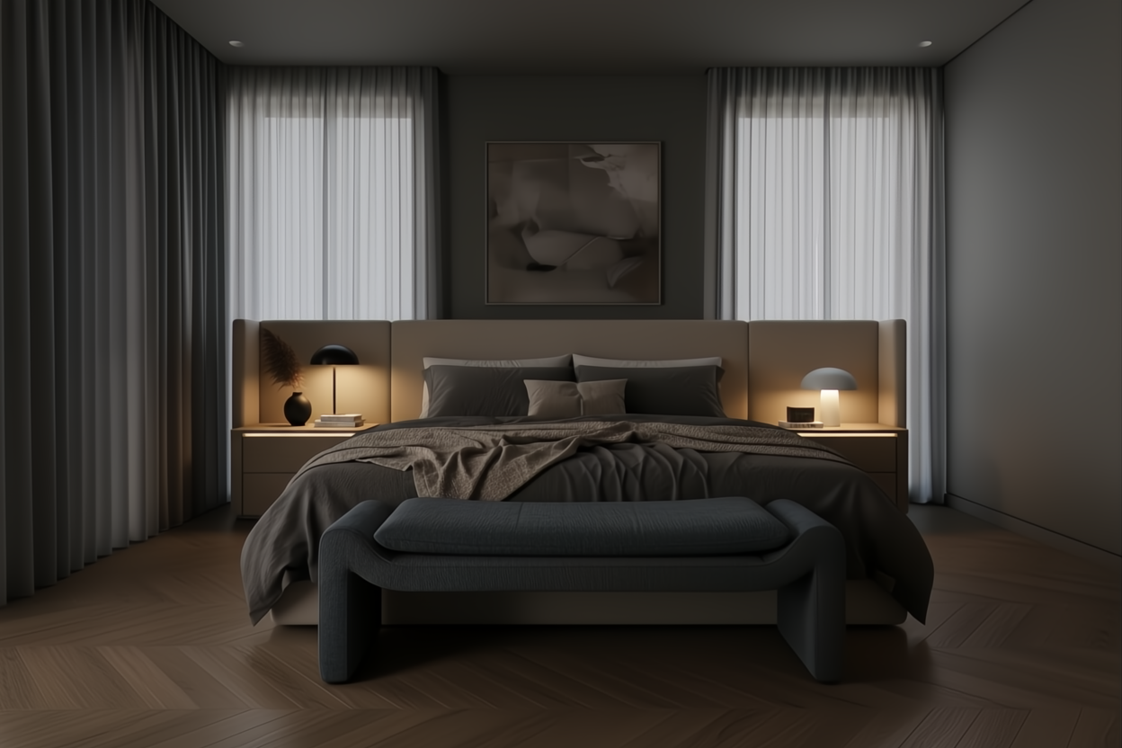 Teal upholstered Surya Cascadia Bench with pine base, 60"W, in a modern bedroom setting.