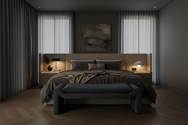 Teal upholstered Surya Cascadia Bench with pine base, 60"W, in a modern bedroom setting.