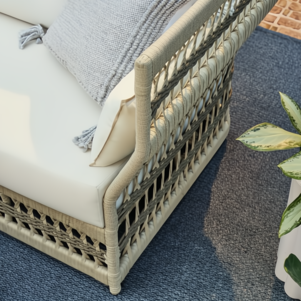 Cream Winder Sectional with Sunbrella upholstery, quick-dry foam, and handwoven PE rope detail.