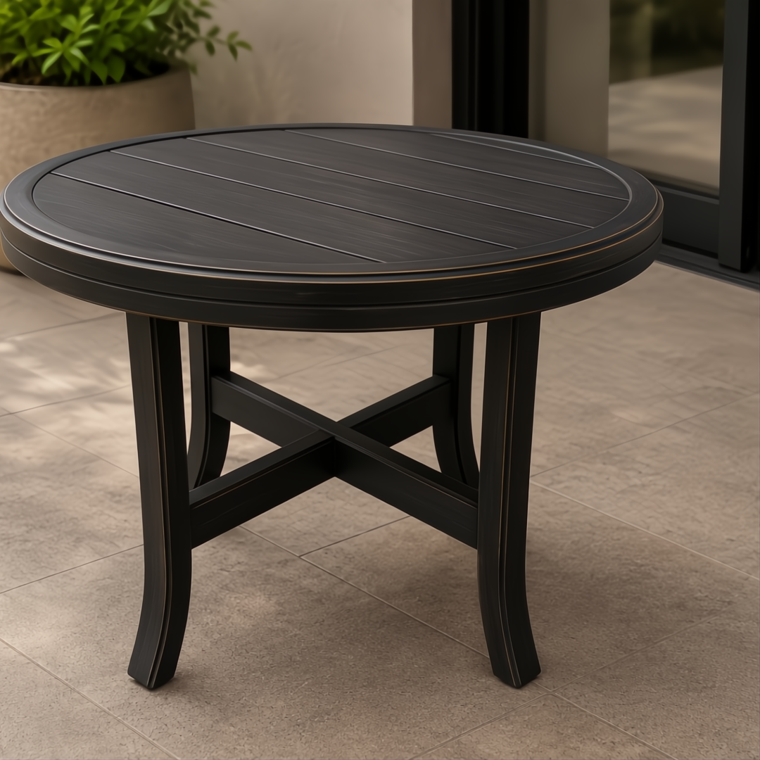 Round black hand-painted aluminum outdoor end table with slatted top and X-base.
