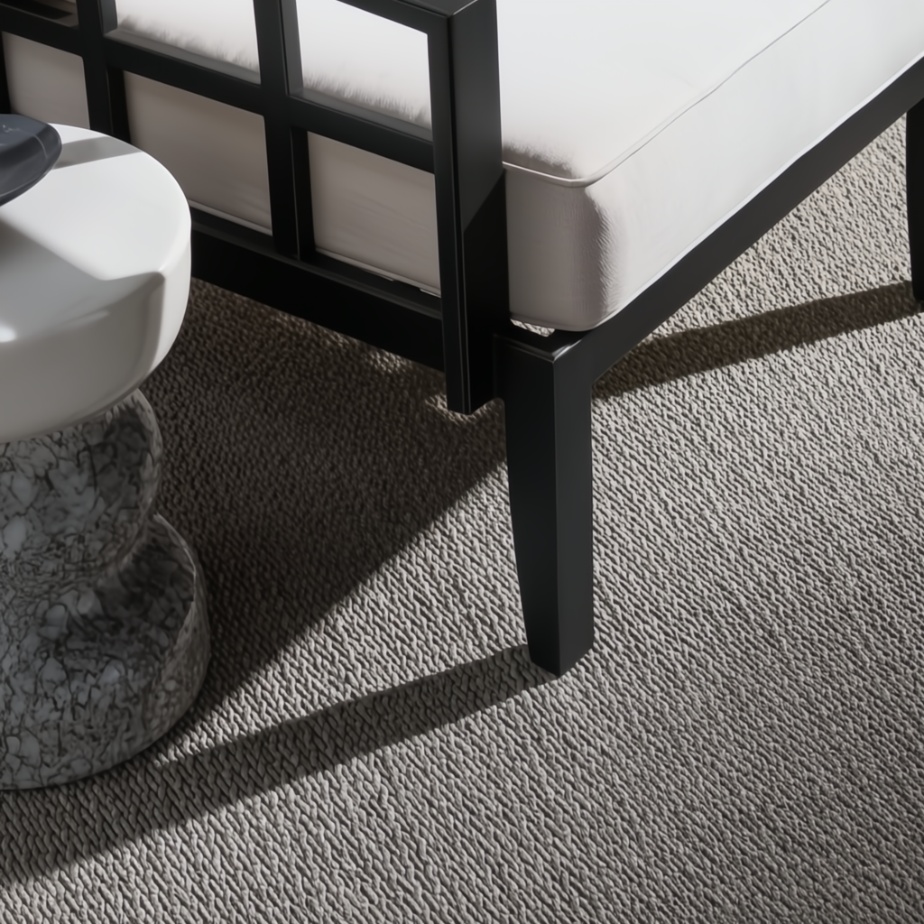 Surya Fairborn outdoor accent chair with black aluminum base, white Sunbrella cushion, and marble side table.