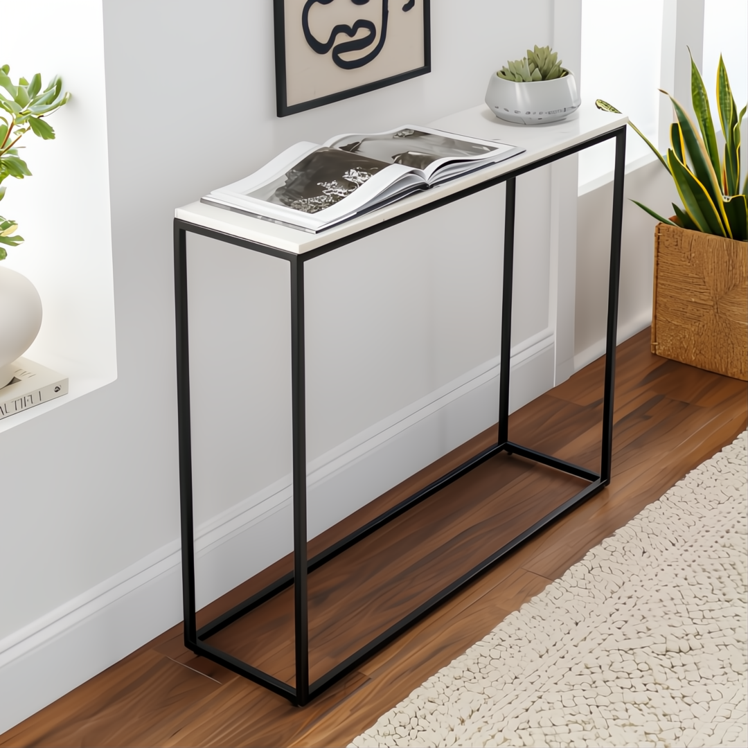 Surya Aryaa Console Table with white natural marble top and black powder-coated iron base.