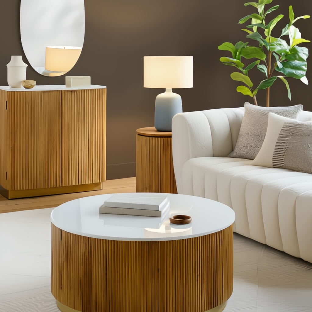 Surya Nems 36-inch round coffee table with white polished marble top, reeded brown mango wood base, and gold accents.