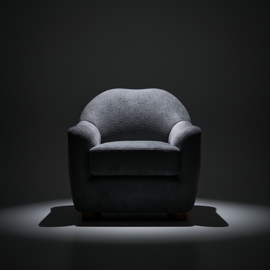 Surya Perch Accent Chair, a minimalist modern medium gray polyester chair with a brown rubber wood base.