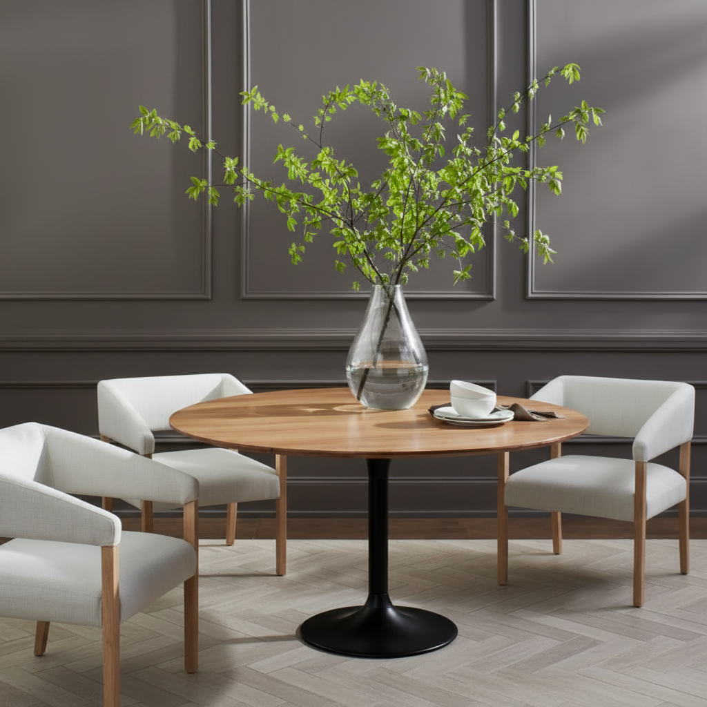 Round Surya Anatalia dining table with a brown acacia top and black iron pedestal base, surrounded by three chairs.
