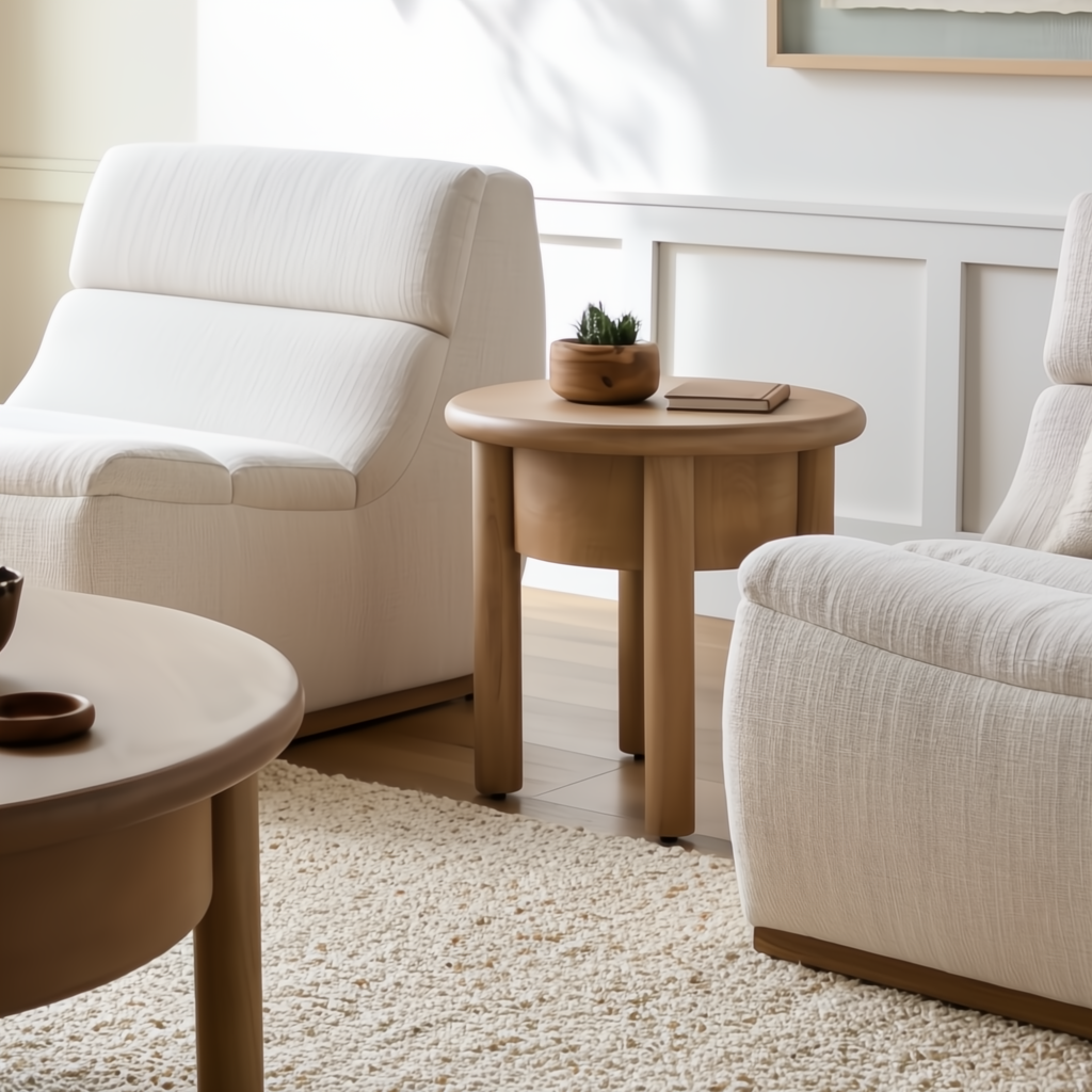 Surya Rondo End Table: Brown natural mango wood, round top, and thick legs, between two cream chairs.