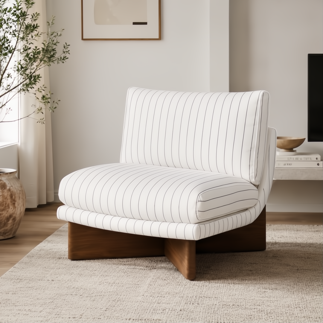 Surya Rosalia Accent Chair with wheat striped polyester upholstery and a dark wood base.