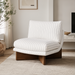 Surya Rosalia Accent Chair with wheat striped polyester upholstery and a dark wood base.