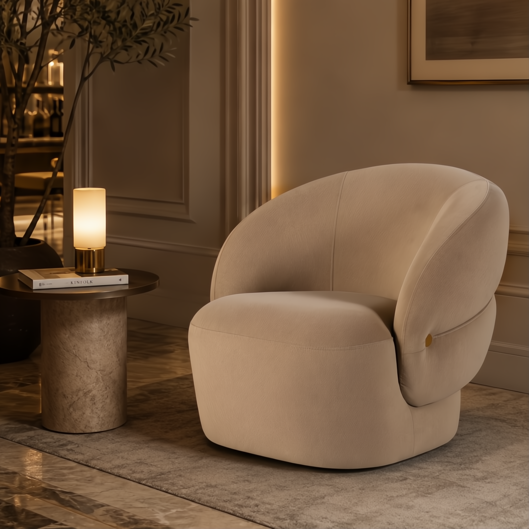 Surya Katarina accent chair in beige polyester with a curved design and natural rubber wood base.