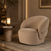 Surya Katarina accent chair in beige polyester with a curved design and natural rubber wood base.