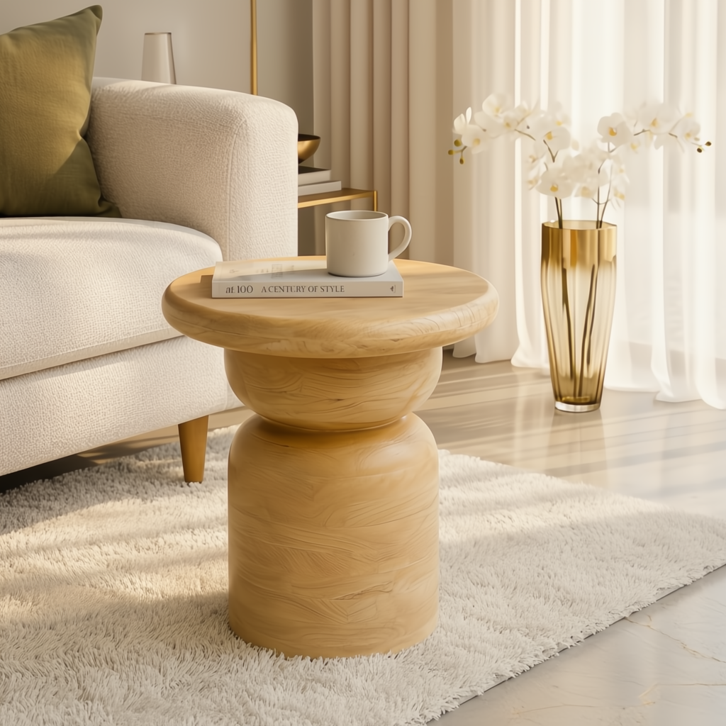 Beige mango wood Surya Koben End Table with a brushed finish, next to a sofa.