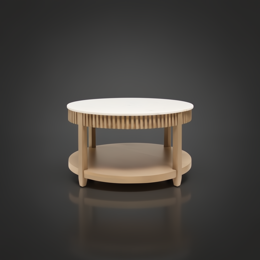 Surya Rosemary 32" round coffee table with white marble top and natural mango wood base.