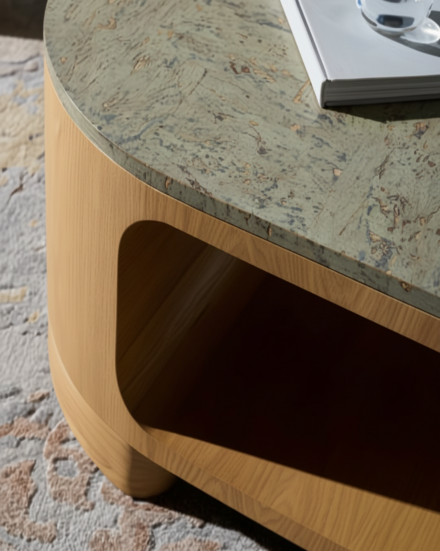 Surya Poros PORS-001 coffee table with green cork veneer top and natural oak base.