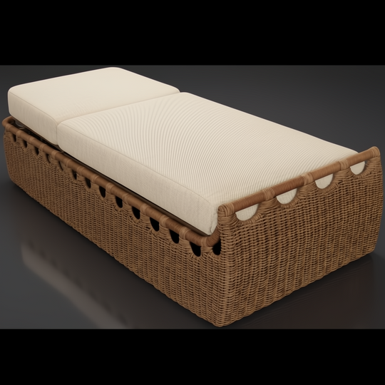 Marvella dark brown wicker chaise lounge with cream Sunbrella cushions for outdoor patio.
