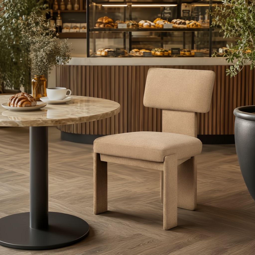 Beige polyester Surya Sitara dining chair with a natural rubber wood base next to a marble table in a cafe setting.
