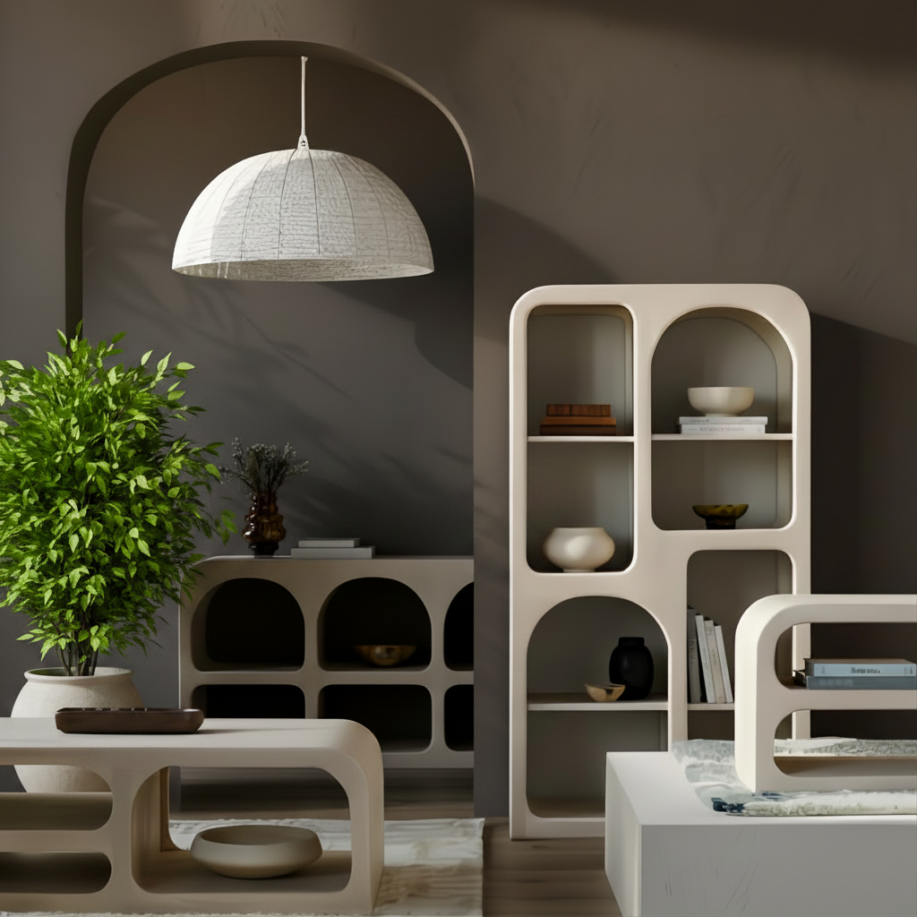 Surya Tana Bookcase: Ivory washed mango wood, tall, global-inspired bohemian design with arched shelves.