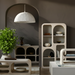 Surya Tana Bookcase: Ivory washed mango wood, tall, global-inspired bohemian design with arched shelves.