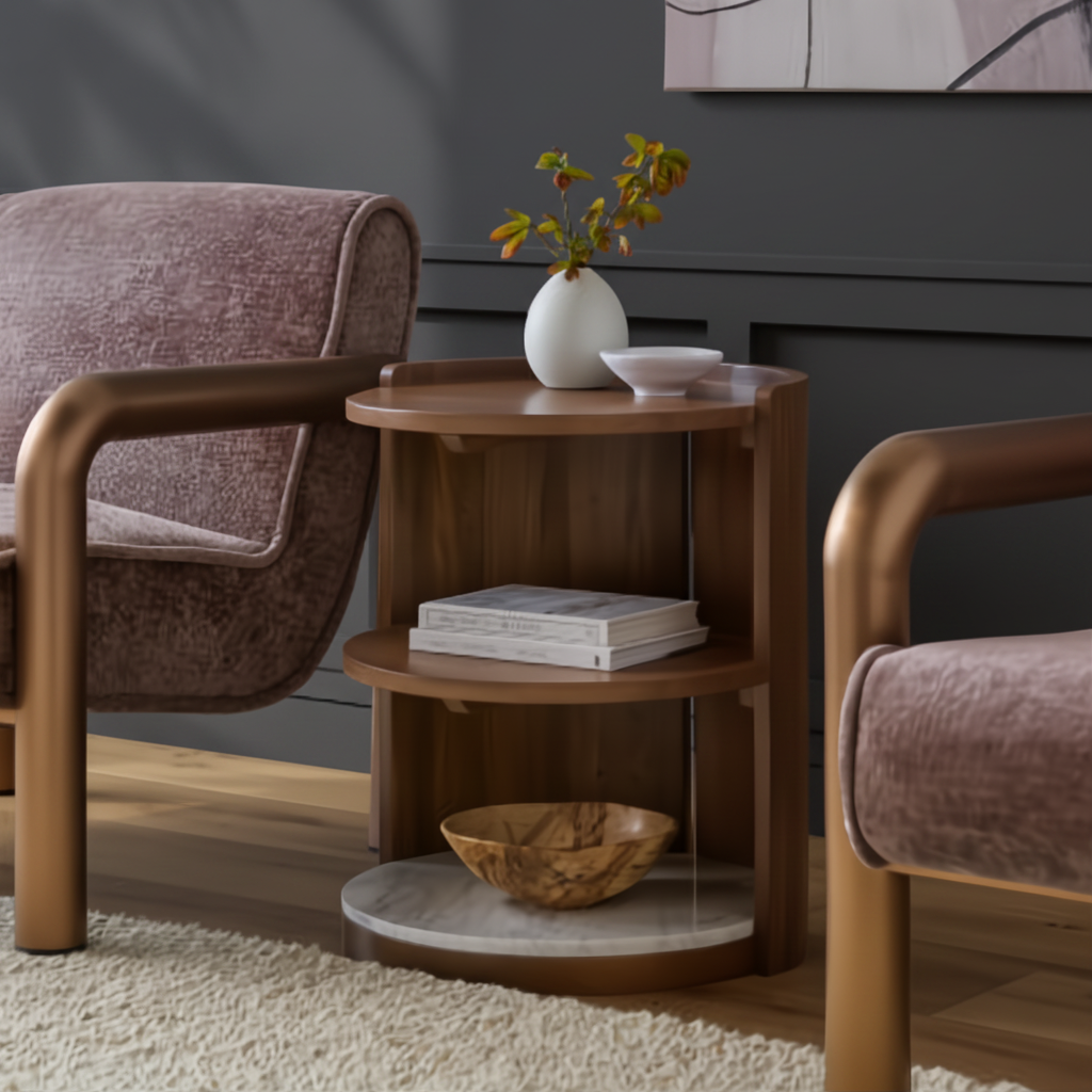 Surya Gerald End Table with dark brown mango wood, marble, and brass base, featuring two shelves.