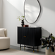 Modern black fluted cabinet with gold handles, a unique organic-shaped mirror, and minimalist decor.